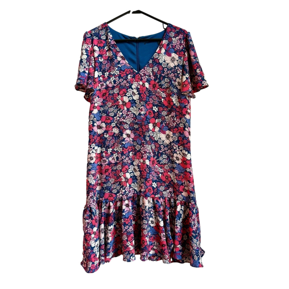 BCBG 💜🩷 Illustrated Pink & Purple Floral Print Ruffled Hem Dress